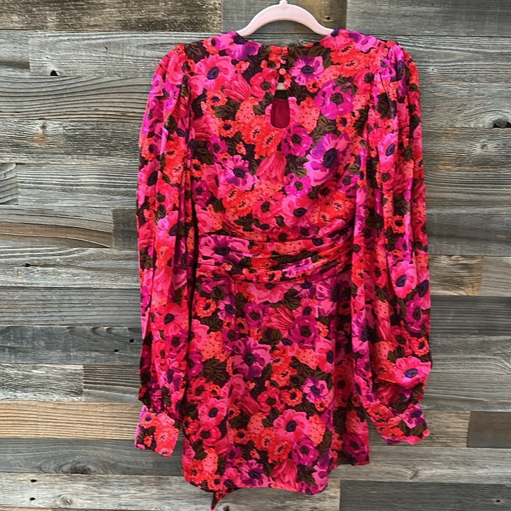 For Love & Lemons ‘Lauren’ Red Floral Long Sleeve Front Cut Out Mini Dress Small - Picture 7 of 12